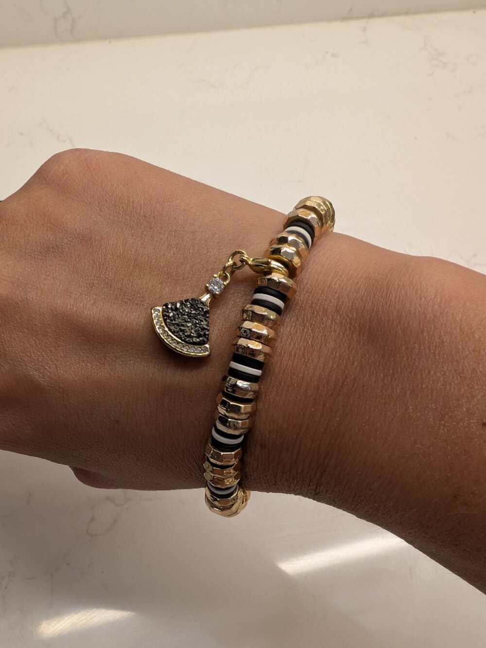 Erimish Black White Gold Stretch Bracelet Rhinestone Charm Boutique Jewelry